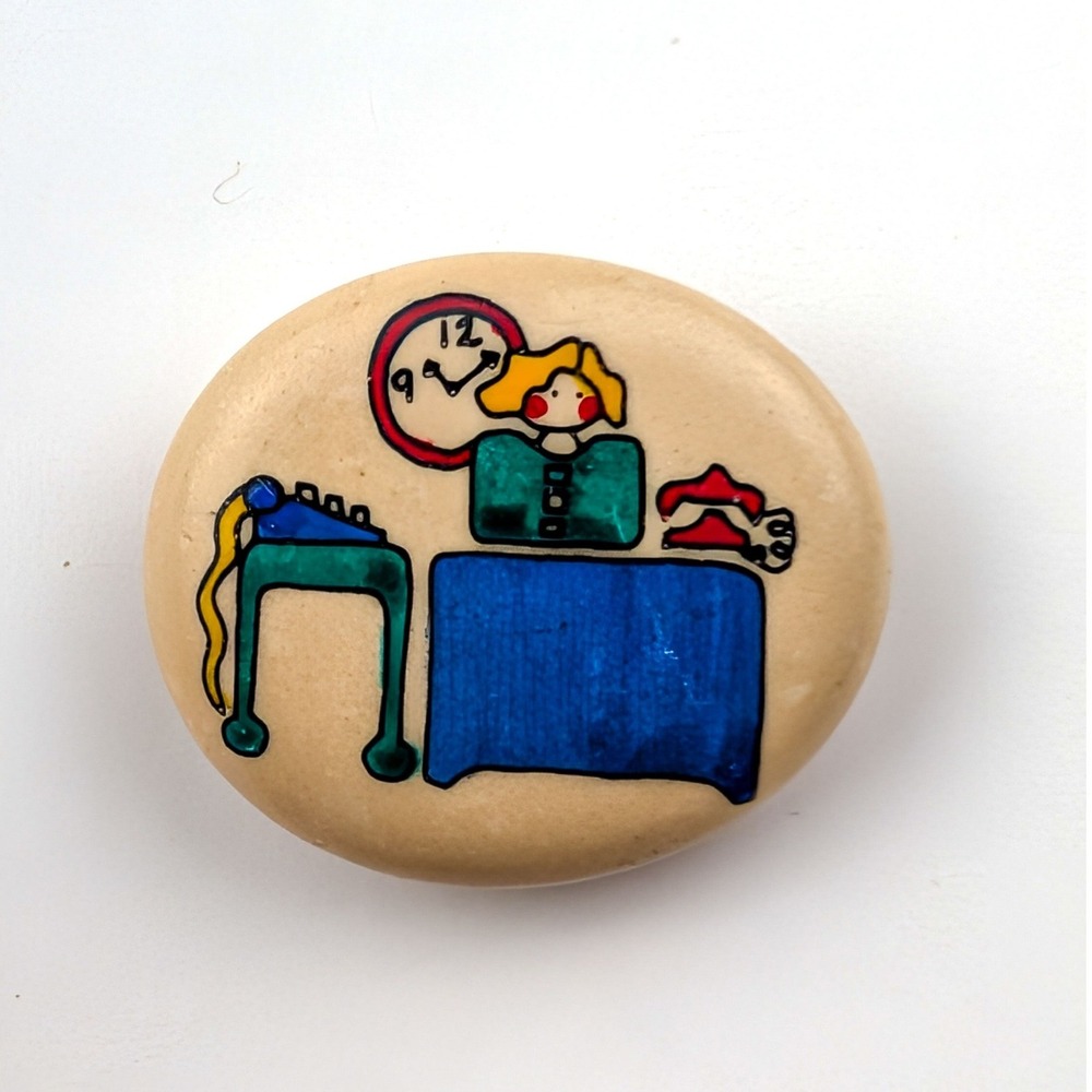 Vintage Hand Painted Office Secretary Desk Lapel Pin Typewriter Phone Clock Tan